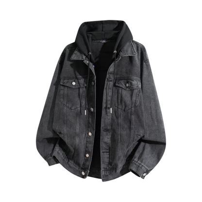 Vintage Casual Fake Two Piece Loose  Hooded Denim Jacket - Grey B - 3XL - image 2