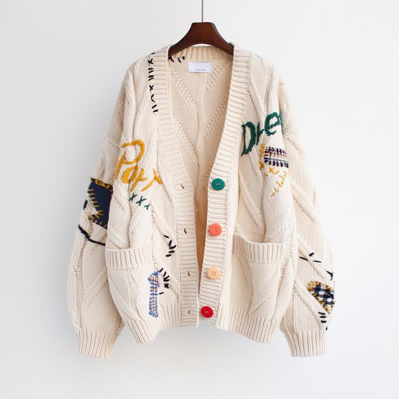 Casual Letter Embroidery Color Button Long Sleeve Knit Sweater Coat - Apricot - 2XL - image 3