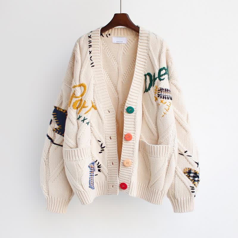 Casual Letter Embroidery Color Button Long Sleeve Knit Sweater Coat - Apricot - 2XL - image 3
