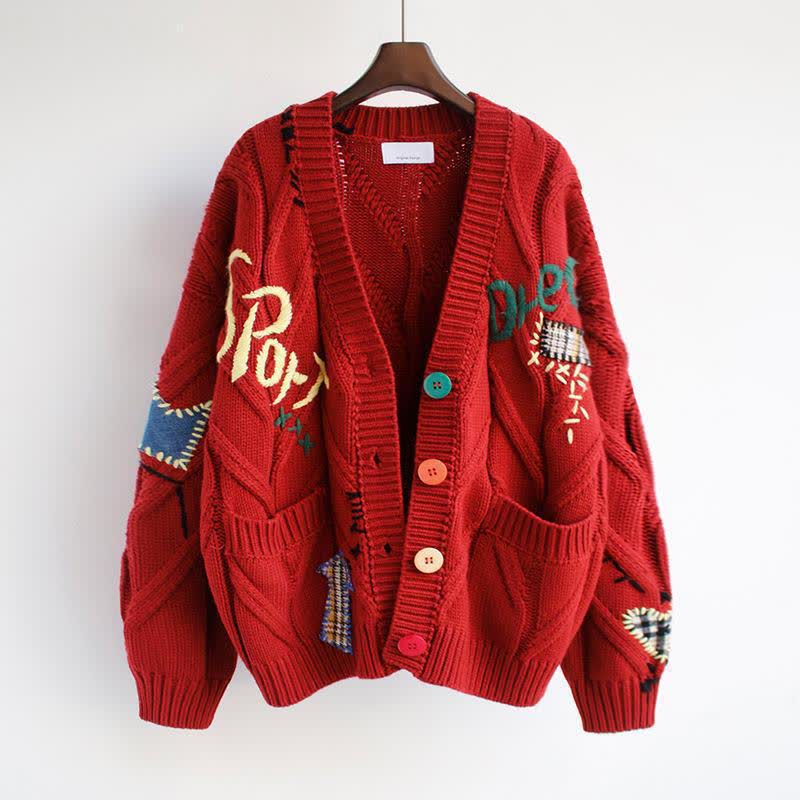 Casual Letter Embroidery Color Button Long Sleeve Knit Sweater Coat - Red - 2XL - image 6