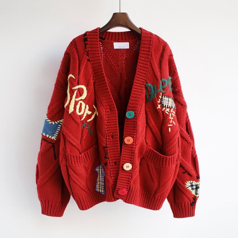 Casual Letter Embroidery Color Button Long Sleeve Knit Sweater Coat - Red - 2XL - image 6