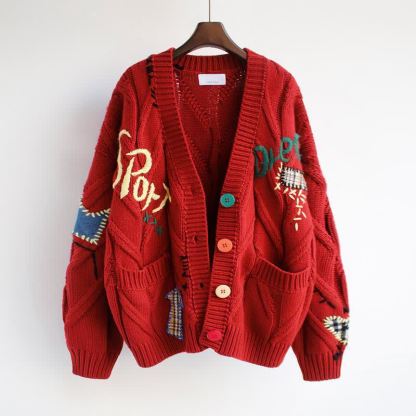 Casual Letter Embroidery Color Button Long Sleeve Knit Sweater Coat - Red - 2XL - image 6