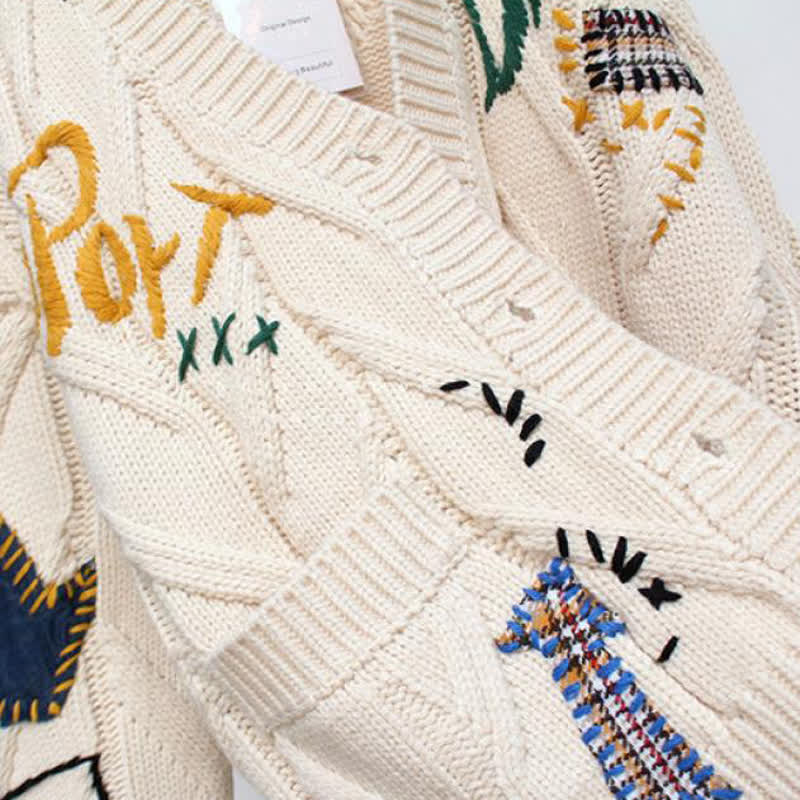Casual Letter Embroidery Color Button Long Sleeve Knit Sweater Coat - image 9