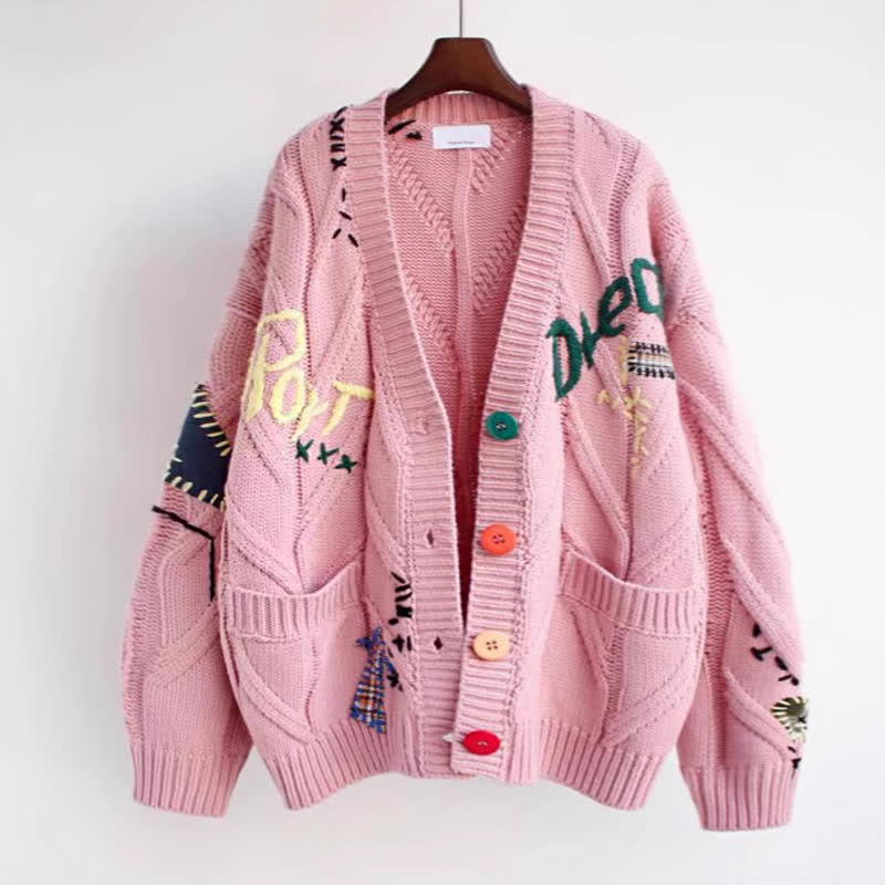 Casual Letter Embroidery Color Button Long Sleeve Knit Sweater Coat - Pink - 2XL - image 2