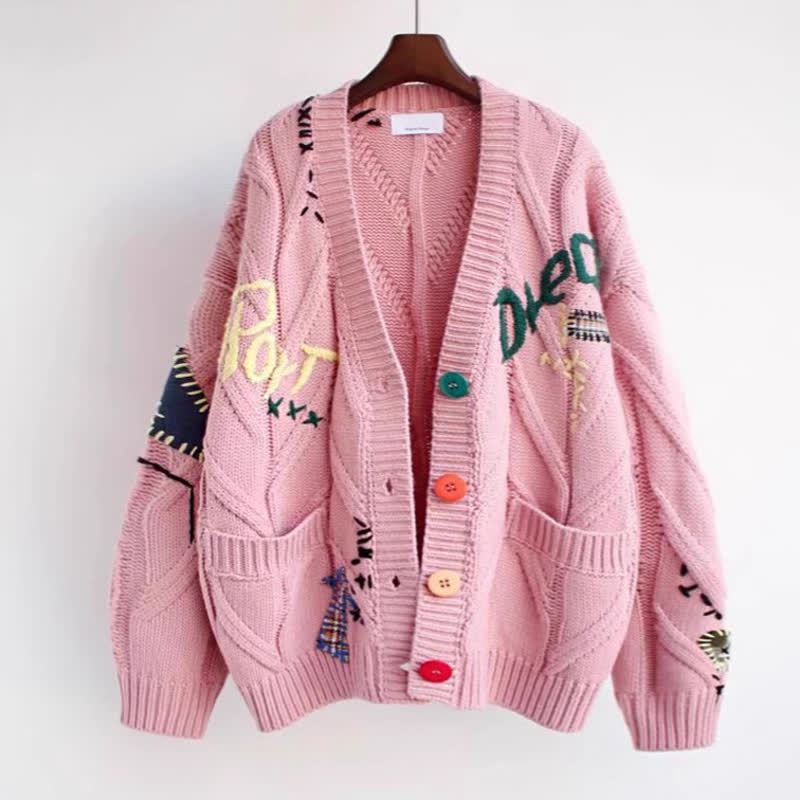 Casual Letter Embroidery Color Button Long Sleeve Knit Sweater Coat - Pink - 2XL - image 2