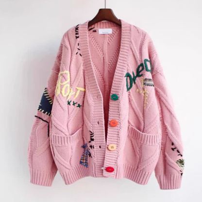 Casual Letter Embroidery Color Button Long Sleeve Knit Sweater Coat - Pink - 2XL - image 2