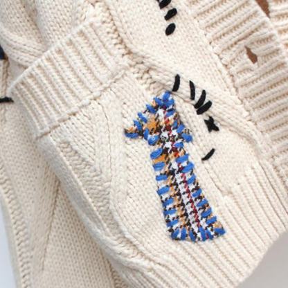 Casual Letter Embroidery Color Button Long Sleeve Knit Sweater Coat - image 10