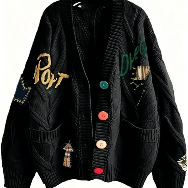 Casual Letter Embroidery Color Button Long Sleeve Knit Sweater Coat - Black - 2XL - image 4