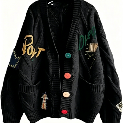Casual Letter Embroidery Color Button Long Sleeve Knit Sweater Coat - Black - 2XL - image 4