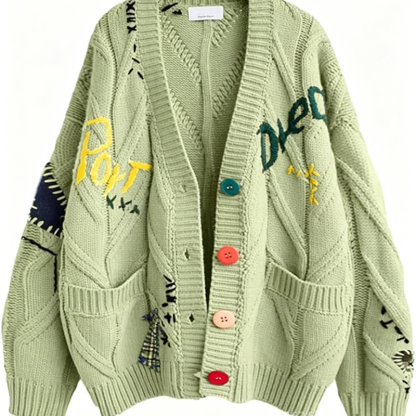 Casual Letter Embroidery Color Button Long Sleeve Knit Sweater Coat - Green - 2XL - image 7