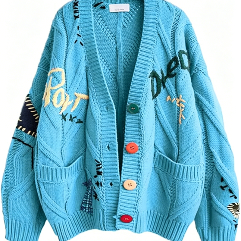 Casual Letter Embroidery Color Button Long Sleeve Knit Sweater Coat - Blue - 2XL - image 5
