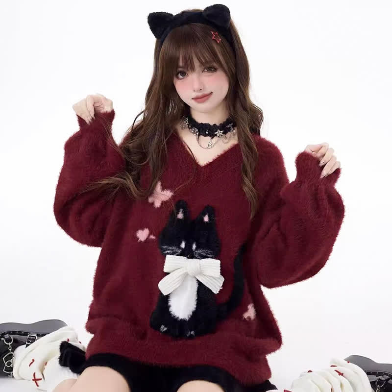 Cute Cat Print Bow V Neck Loose Knit Sweater - Red - One Size - image 1