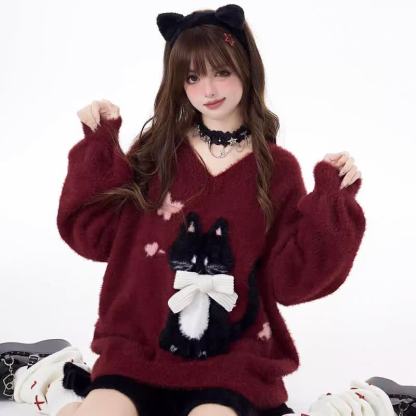 Cute Cat Print Bow V Neck Loose Knit Sweater - Red - One Size - image 1