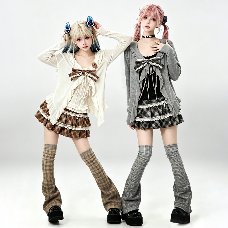 Vintage Ruffle Long Sleeve Cardigan Plaid Bow Cami Top Lace Plaid Skirt Three Pieces Set - image 1