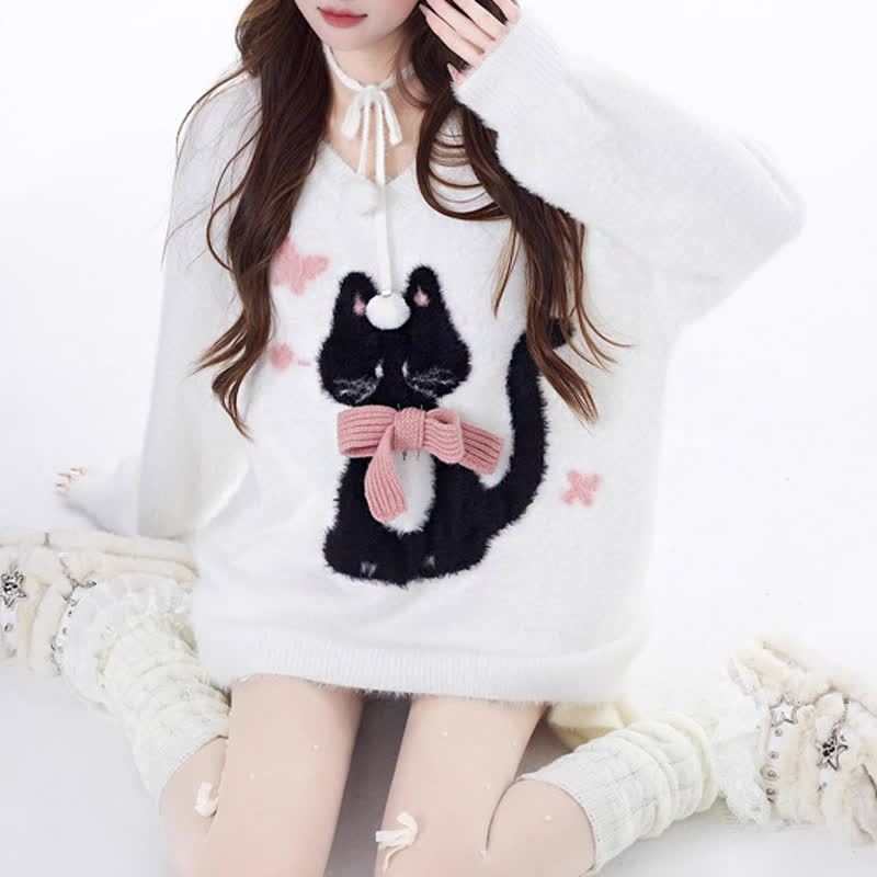 Cute Cat Print Bow V Neck Loose Knit Sweater - White - One Size - image 3