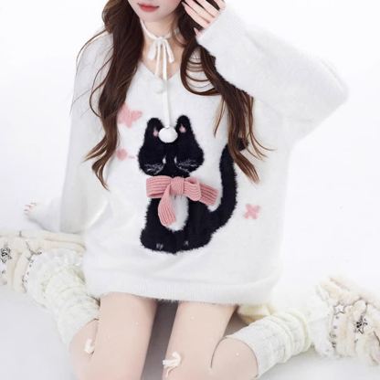 Cute Cat Print Bow V Neck Loose Knit Sweater - White - One Size - image 3