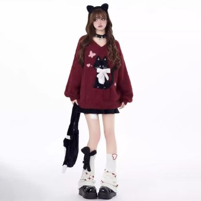 Cute Cat Print Bow V Neck Loose Knit Sweater - image 2