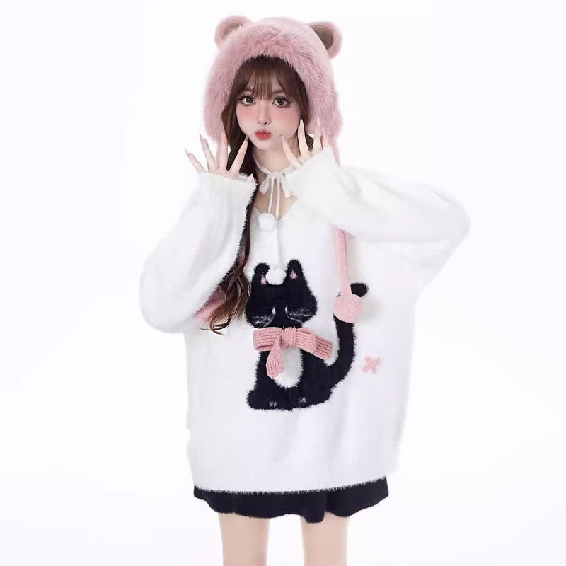 Cute Cat Print Bow V Neck Loose Knit Sweater - image 4