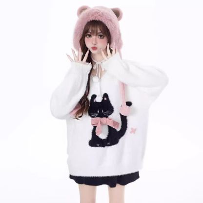 Cute Cat Print Bow V Neck Loose Knit Sweater - image 4
