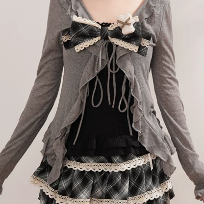 Vintage Ruffle Long Sleeve Cardigan Plaid Bow Cami Top Lace Plaid Skirt Three Pieces Set - Grey Cardigan - XL - image 11