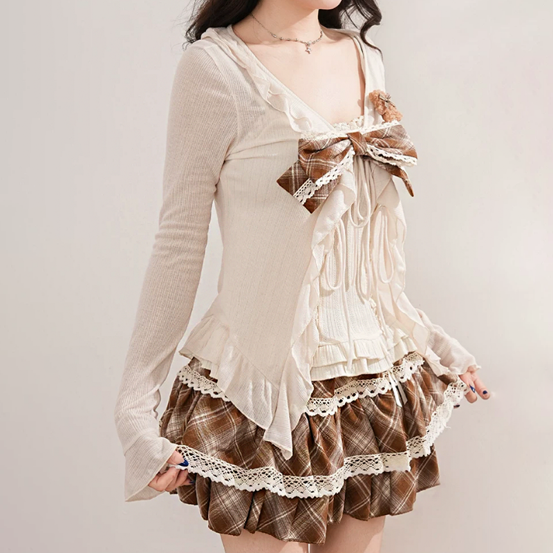 Vintage Ruffle Long Sleeve Cardigan Plaid Bow Cami Top Lace Plaid Skirt Three Pieces Set - image 4