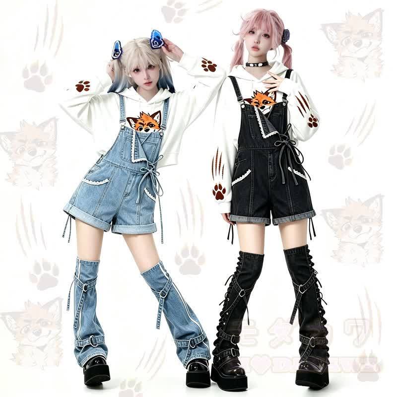Cute Fox Paw Print Hoodie Denim Overalls Shorts Two Pieces Set - image 5