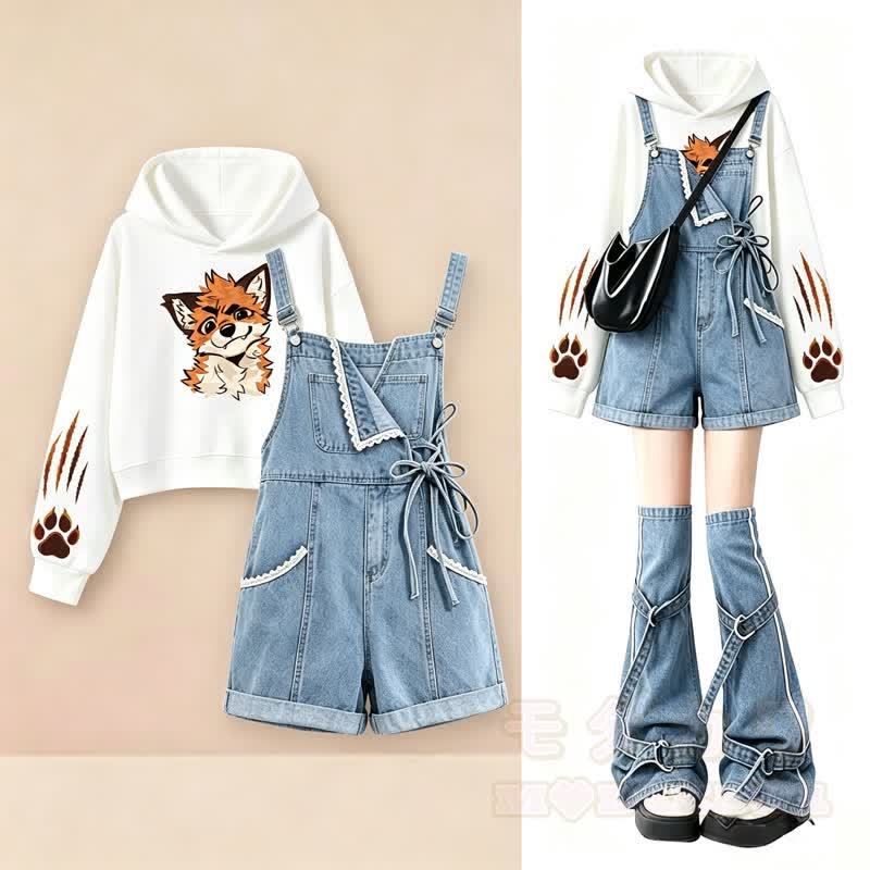 Cute Fox Paw Print Hoodie Denim Overalls Shorts Two Pieces Set - image 4