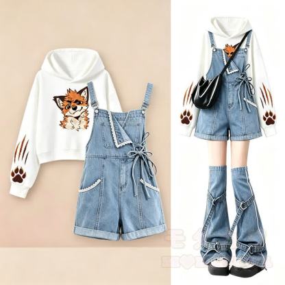 Cute Fox Paw Print Hoodie Denim Overalls Shorts Two Pieces Set - image 4