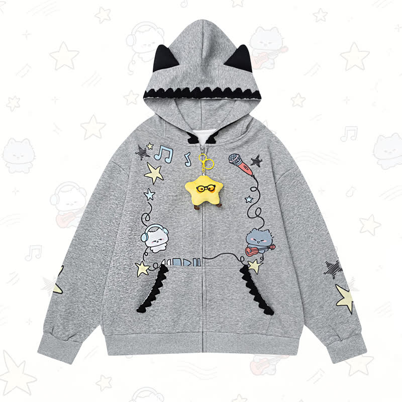 Cute Cat Ear Zip Up Music Note Cat Print Lace Trim Hoodie Sweatshirt - Grey - L - image 1