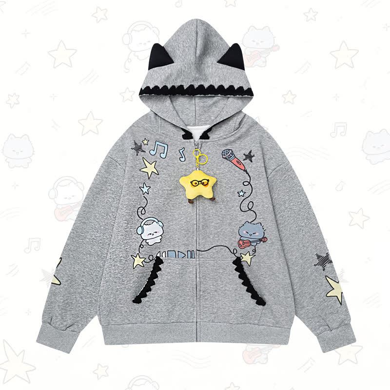 Cute Cat Ear Zip Up Music Note Cat Print Lace Trim Hoodie Sweatshirt - Grey - L - image 1