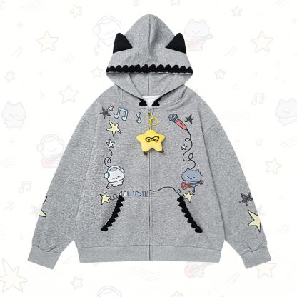 Cute Cat Ear Zip Up Music Note Cat Print Lace Trim Hoodie Sweatshirt - Grey - L - image 1