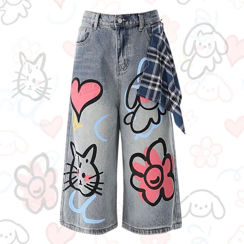 Casual Cat Heart Floral Graffiti Denim Capris Loose Jeans  - image 1