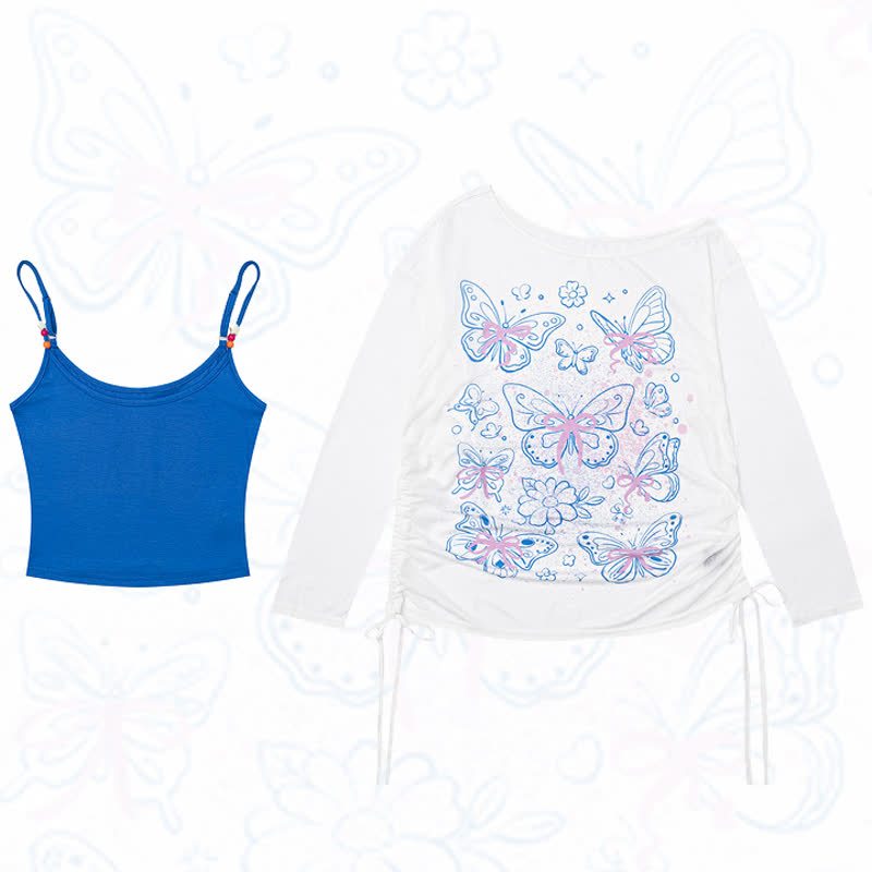 Gradient Butterfly Print Drawstring Side Long Sleeve Cover Up Top - image 1