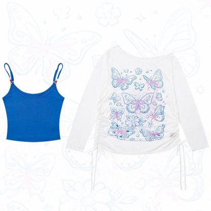 Gradient Butterfly Print Drawstring Side Long Sleeve Cover Up Top - image 1