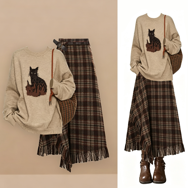 Casual Cat Print Round Neck Knit Sweater Fringe Plaid Skirt Two Pieces Set - Set - 3XL - image 1