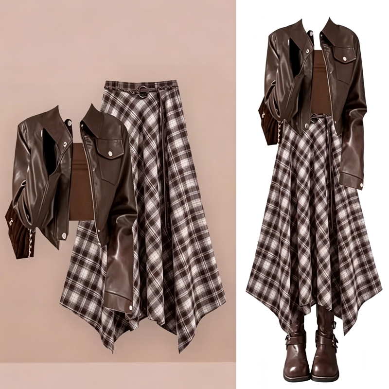 Loose Leather Jacket Cami Top Irregular Plaid Skirt Three Pieces Set - Set - 3XL - image 1