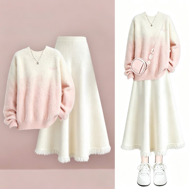 Elegent Gradient Knit Sweater Fringe Hem Skirt Two Pieces Set - Set - 4XL - image 1