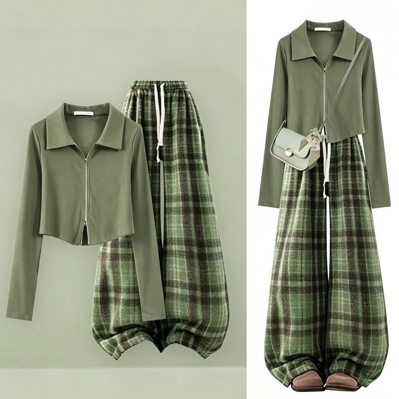 Casaul Double Zip Cropped Top Plaid Wide Leg Pants Two Pieces Set - Set - 3XL - image 1
