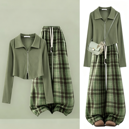 Casaul Double Zip Cropped Top Plaid Wide Leg Pants Two Pieces Set - Set - 3XL - image 1
