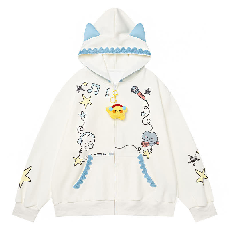 Cute Cat Ear Zip Up Music Note Cat Print Lace Trim Hoodie Sweatshirt - White - L - image 3