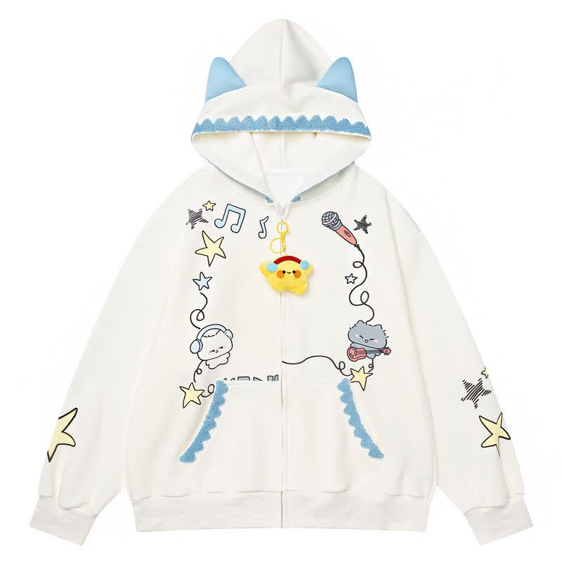 Cute Cat Ear Zip Up Music Note Cat Print Lace Trim Hoodie Sweatshirt - White - L - image 3