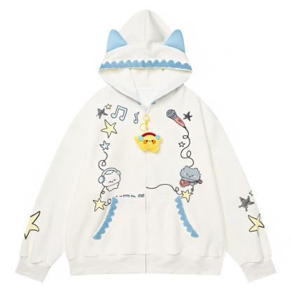 Cute Cat Ear Zip Up Music Note Cat Print Lace Trim Hoodie Sweatshirt - White - L - image 3
