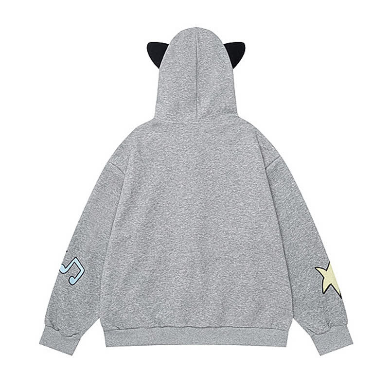Cute Cat Ear Zip Up Music Note Cat Print Lace Trim Hoodie Sweatshirt - image 2