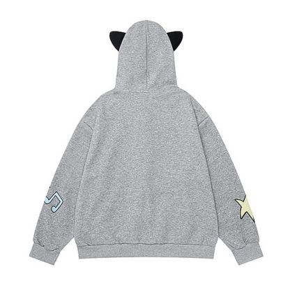 Cute Cat Ear Zip Up Music Note Cat Print Lace Trim Hoodie Sweatshirt - image 2