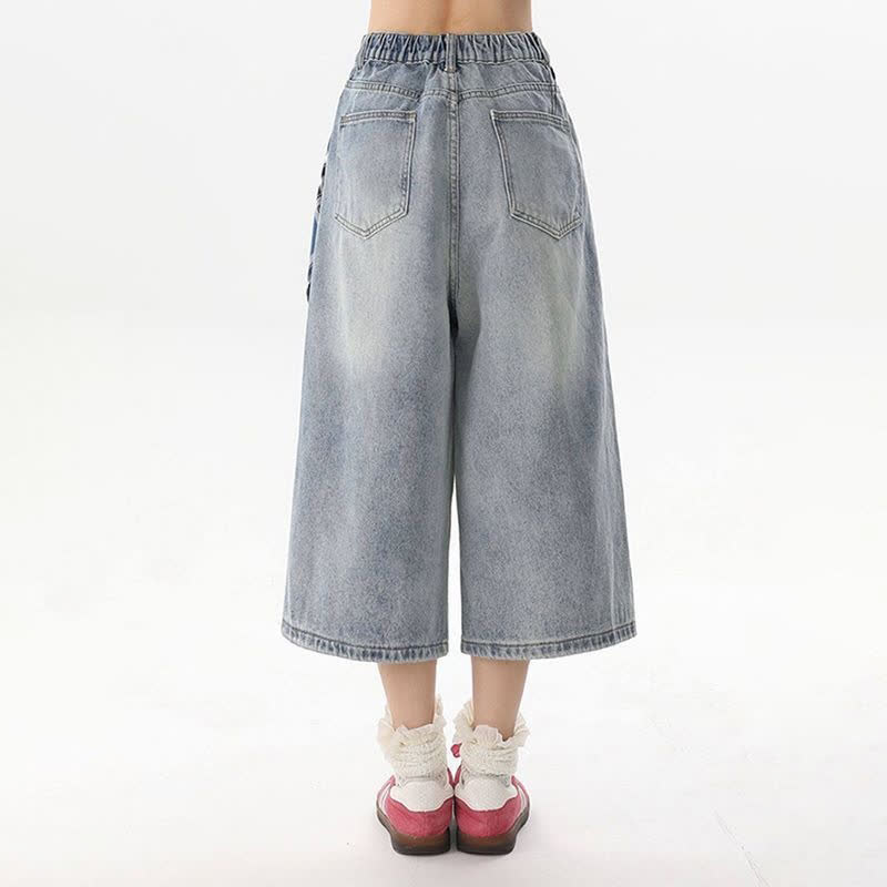 Casual Cat Heart Floral Graffiti Denim Capris Loose Jeans  - image 3