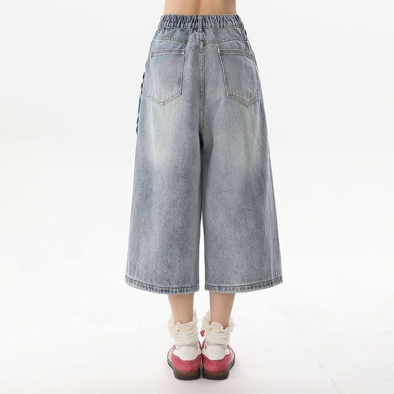 Casual Cat Heart Floral Graffiti Denim Capris Loose Jeans  - image 3