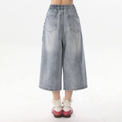 Casual Cat Heart Floral Graffiti Denim Capris Loose Jeans  - image 3