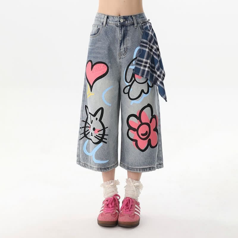 Casual Cat Heart Floral Graffiti Denim Capris Loose Jeans  - image 2
