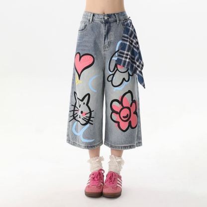 Casual Cat Heart Floral Graffiti Denim Capris Loose Jeans  - image 2