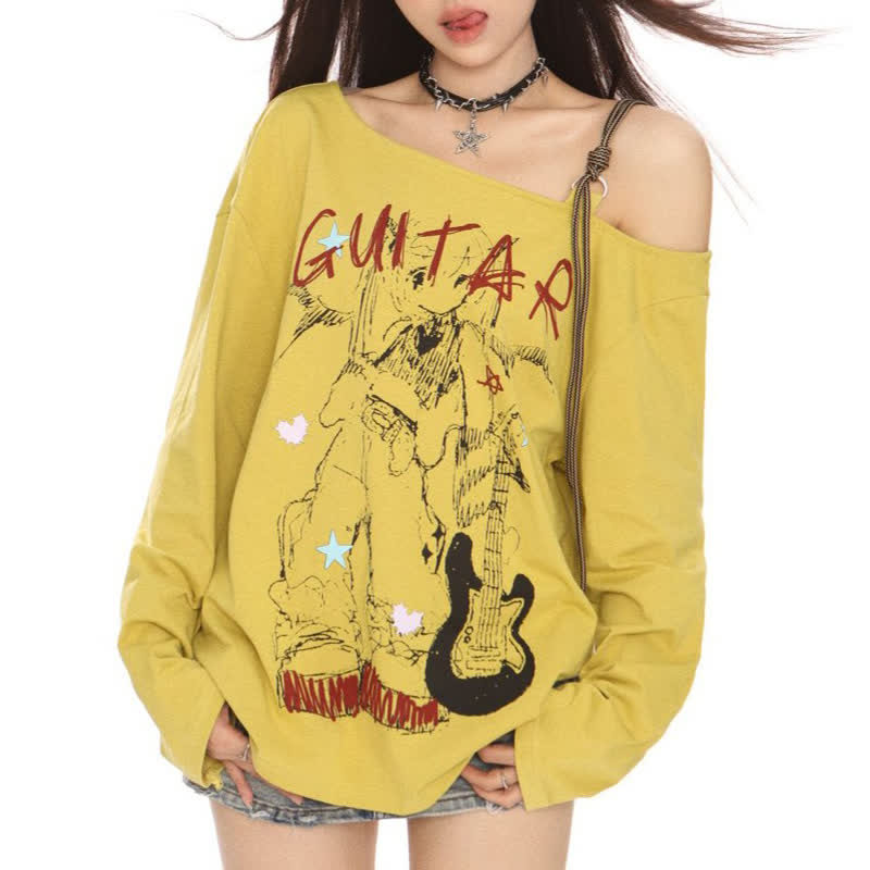 American Style Sweet Cool Guitar Print Off Shoulder Long Sleeve T-shirt - image 3